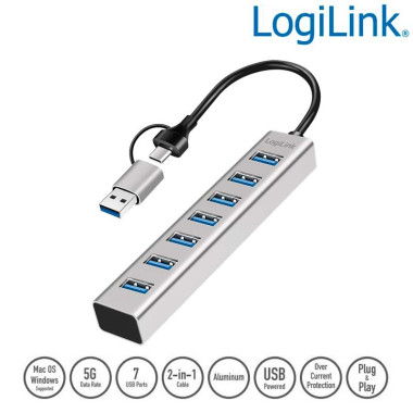 Logilink UA0441 - HUB USB 3.2 Gen1 de 7 puertos tipo A con conexcion A y C, Aluminio