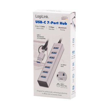 Logilink UA0441 - HUB USB 3.2 Gen1 de 7 puertos tipo A con conexcion A y C, Aluminio
