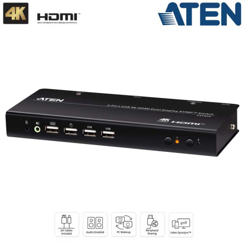 Aten CS742H - KVM de 2 Puertos USB 2.0 HDMI 4K Dual View (cables incluidos), KVMP™