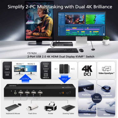 Aten CS742H - KVM de 2 Puertos USB 2.0 HDMI 4K Dual View (cables incluidos), KVMP™