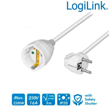 Logilink LPS101 - 3m Cable Alargo Alimentación Schuko, Blanco