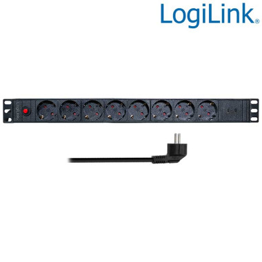 Logilink PDU8C06 - Regleta de alimentación Rack 19" de 8 tomas, 2 USB C Protegida, sin interruptor