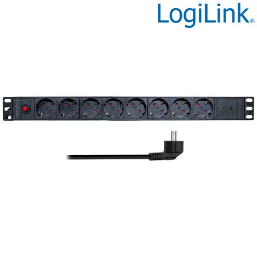 Logilink PDU8C06 - Regleta de alimentación Rack 19" de 8 tomas, 2 USB C Protegida, sin interruptor