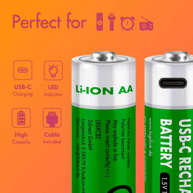 Logilink LR03RCB2 - Pilas recargables AAA 1,5 V Li-Ion, 550 mAh/825 mWh, puerto USB-C integrado, 2 uds