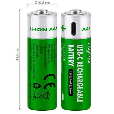 Logilink LR03RCB2 - Pilas recargables AAA 1,5 V Li-Ion, 550 mAh/825 mWh, puerto USB-C integrado, 2 uds