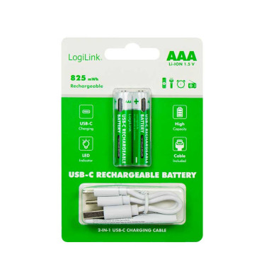 Logilink LR03RCB2 - Pilas recargables AAA 1,5 V Li-Ion, 550 mAh/825 mWh, puerto USB-C integrado, 2 uds
