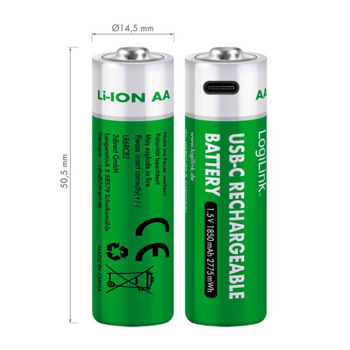 Logilink LR6RCB2 - Pilas recargables AA 1,5 V Li-Ion, 1850 mAh/2775 mWh, puerto USB-C integrado, 2 uds