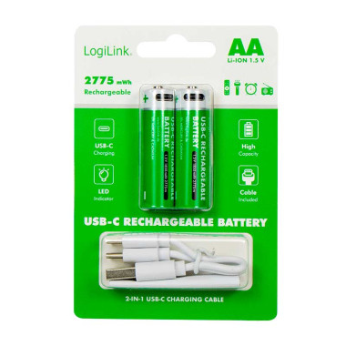 Logilink LR6RCB2 - Pilas recargables AA 1,5 V Li-Ion, 1850 mAh/2775 mWh, puerto USB-C integrado, 2 uds