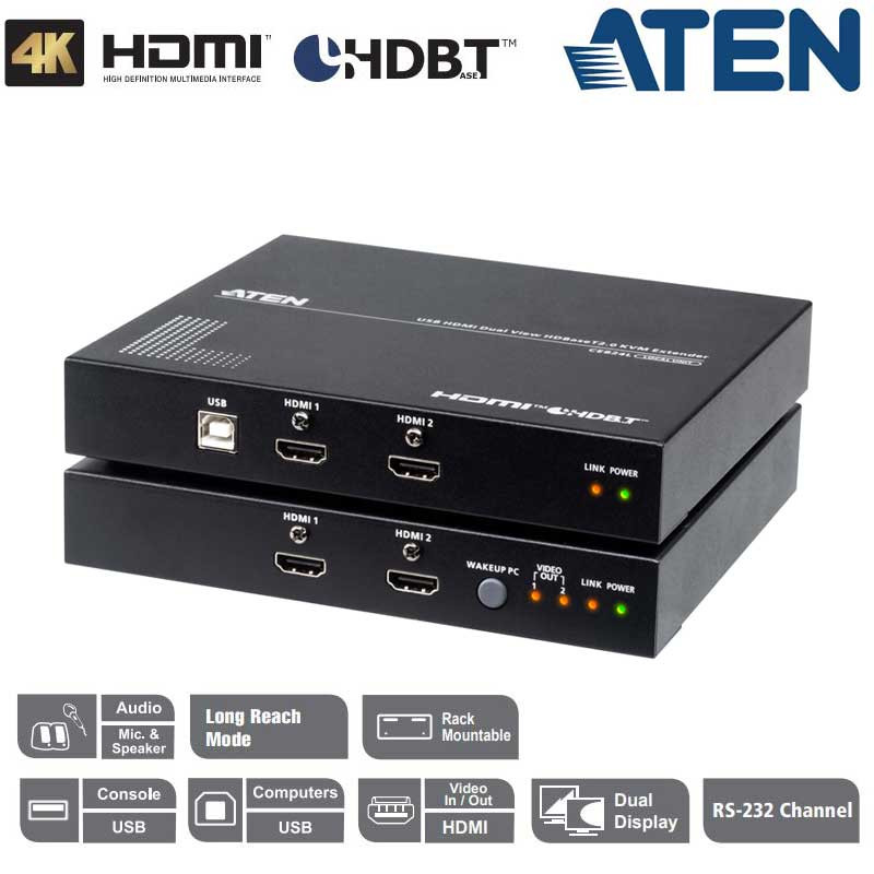 Aten CE824  - Extensor KVM USB HDMI doble pantalla HDBaseT™ 2.0 (4K a 100 m para single view)