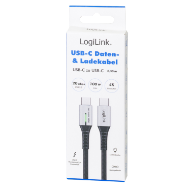 Logilink CU0431 - 0,5m Cable USB 3.2 (Gen 2x2) Tipo C Macho-Macho, Negro, 20 Gbps, 100 W