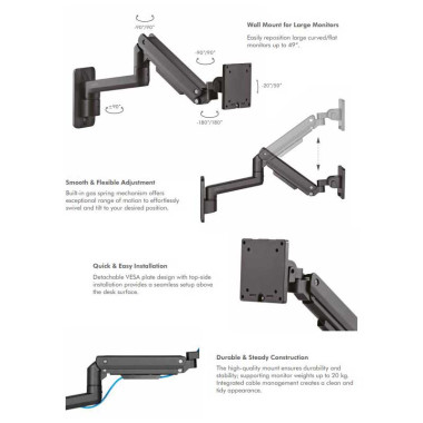 LogiLink BP0169 - Soporte monitor de Pared, muelle de gas, pantallas planas y curvas, aluminio, 50 kg