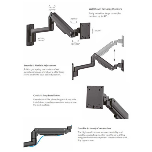 LogiLink BP0169 - Soporte monitor de Pared, muelle de gas, pantallas planas y curvas, aluminio, 50 kg