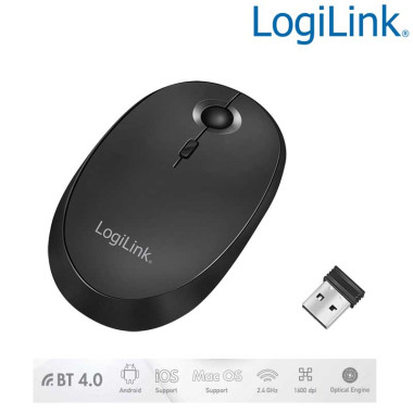 LogiLink ID0204  Ratón inalámbrico de 2,4 GHz y Bluetooth 4.0, 800/1200/1600 ppp, Negro
