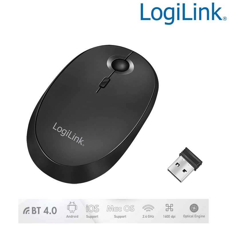 LogiLink ID0204  Ratón inalámbrico de 2,4 GHz y Bluetooth 4.0, 800/1200/1600 ppp, Negro