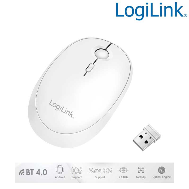 LogiLink ID0205 - Ratón inalámbrico de 2,4 GHz y Bluetooth 4.0, 800/1200/1600 ppp, Blanco