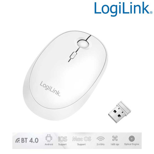 LogiLink ID0205 - Ratón inalámbrico de 2,4 GHz y Bluetooth 4.0, 800/1200/1600 ppp, Blanco