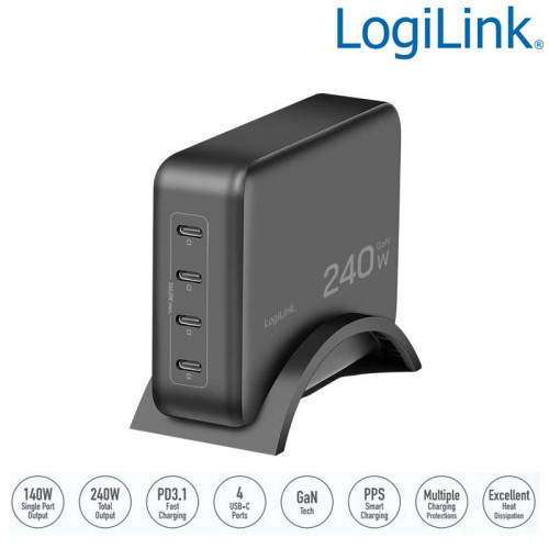 LogiLink PA0353 - Cargador USB-C de 4 puertos, 240 W, GaN, PD 3.1, negro