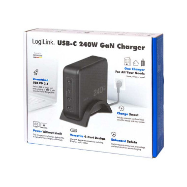 LogiLink PA0353 - Cargador USB-C de 4 puertos, 240 W, GaN, PD 3.1, negro