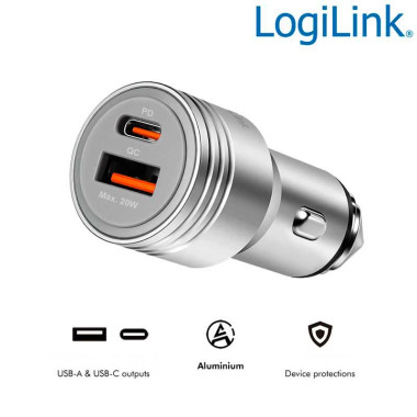 LogiLink PA0228A - Cargador de coche USB dual, 20 W, USB-A (QC), USB-C (PD), plateado