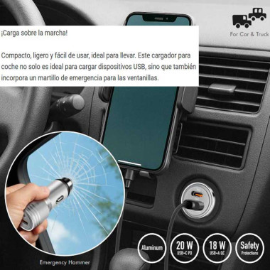 LogiLink PA0228A - Cargador de coche USB dual, 20 W, USB-A (QC), USB-C (PD), plateado