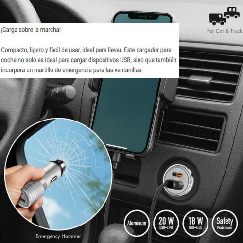 LogiLink PA0228A - Cargador de coche USB dual, 20 W, USB-A (QC), USB-C (PD), plateado