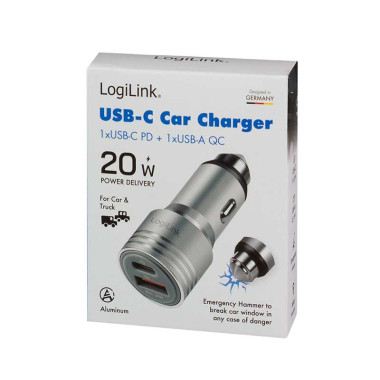 LogiLink PA0228A - Cargador de coche USB dual, 20 W, USB-A (QC), USB-C (PD), plateado