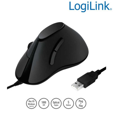 LogiLink ID0158 - Ratón vertical ergonómico, USB, 1000 dpi, negro