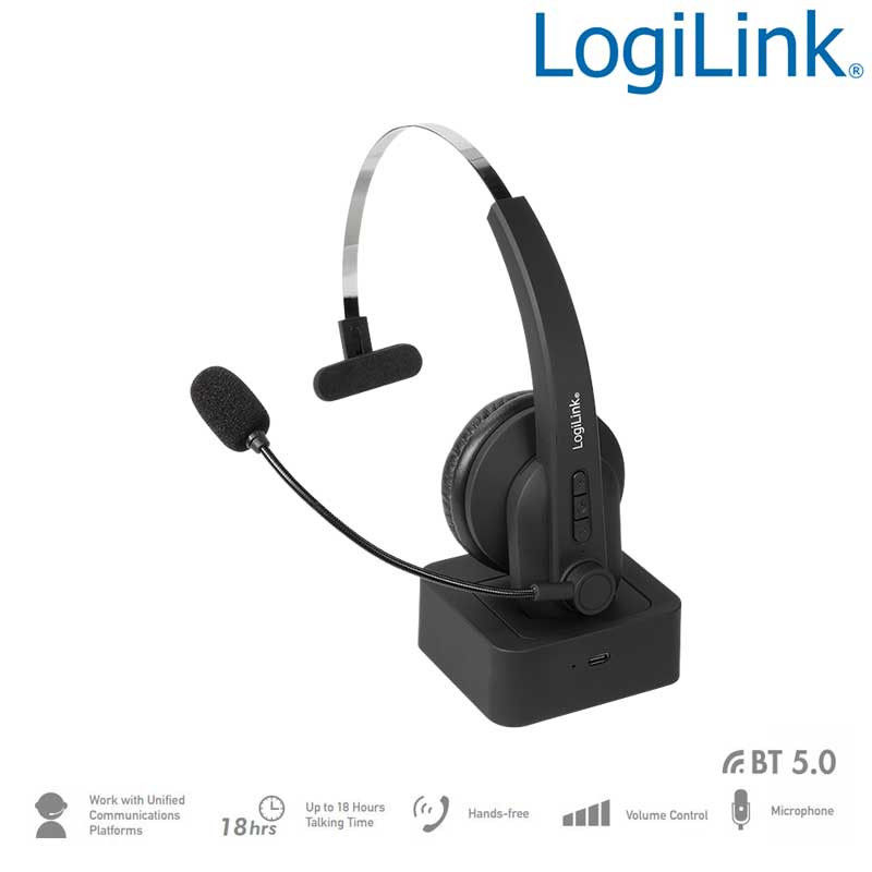LogiLink BT0059 - Auriculares mono BT 5.0 con soporte de carga y micrófono