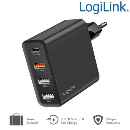 Logilink PA0377 - Cargador USB 1 USB-C y 3 USB-A, 48W, Negro
