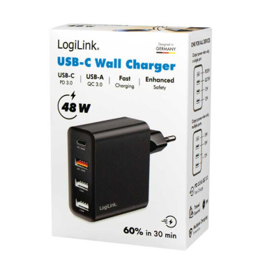 Logilink PA0377 - Cargador USB 1 USB-C y 3 USB-A, 48W, Negro