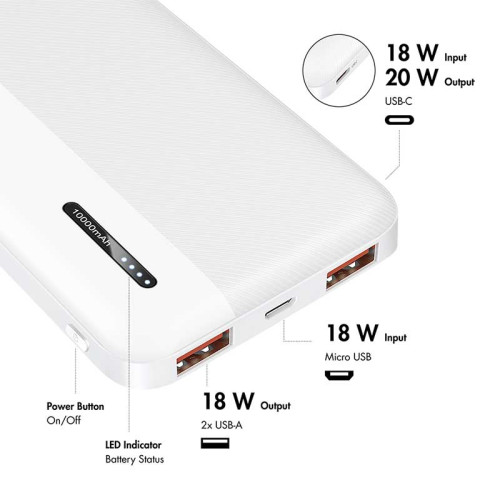 LogiLink PA0372W - Mobile Power Bank 10.000mAh, LiPo, PD 20W QC 3.0, Blanco
