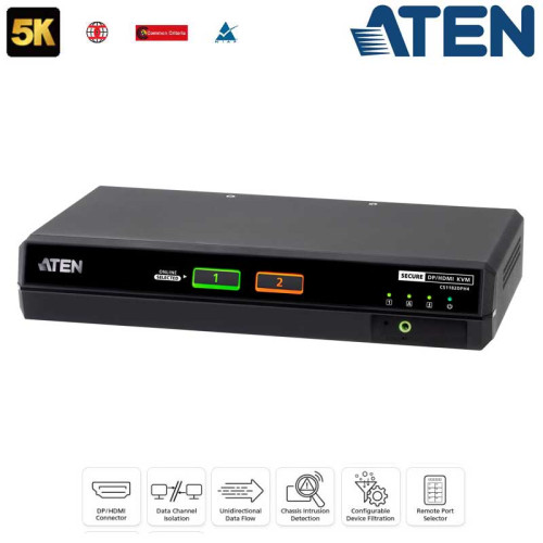 Aten CS1182DPH4 - KVM universal de 2 puertos USB DisplayPort /HDMI 5K, "secure v4.0"