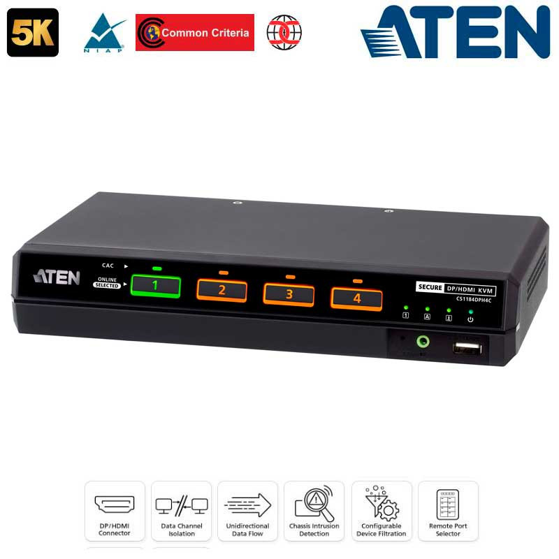 Aten CS1184DPH4C - KVM universal de 4 puertos USB DisplayPort/HDMI 5K con CAC "secure v4.0"