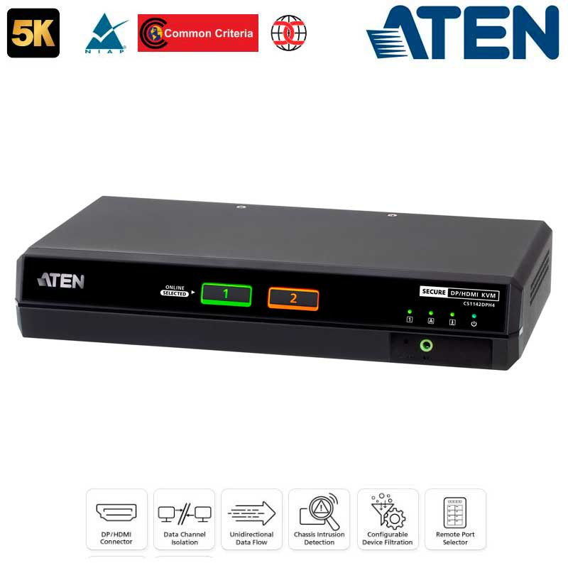 Aten CS1142DPH4 - KVM universal Dual View de 2 puertos USB DisplayPort/HDMI 5K, "secure v4.0"