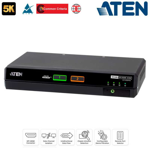 Aten CS1142DPH4 - KVM universal Dual View de 2 puertos USB DisplayPort/HDMI 5K, "secure v4.0"