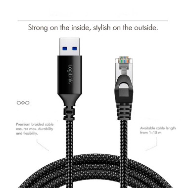 LogiLink CU0401 - 1,5m Cable Ethernet USB 3.0, macho a RJ45 macho, 1 Gbps, activo, Negro