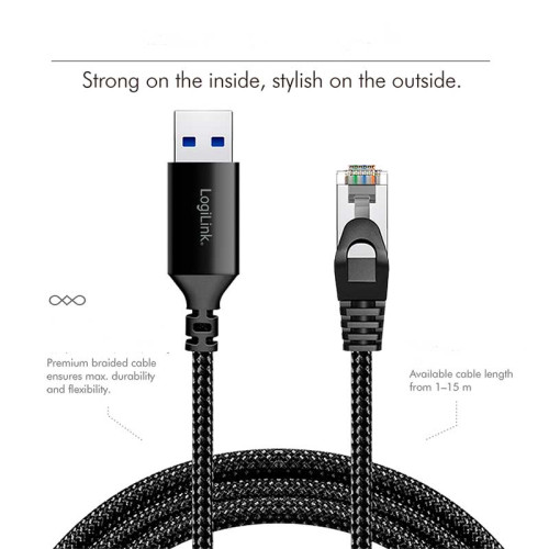 LogiLink CU0400 - 1m Cable Ethernet USB 3.0, macho a RJ45 macho, 1 Gbps, activo, Negro