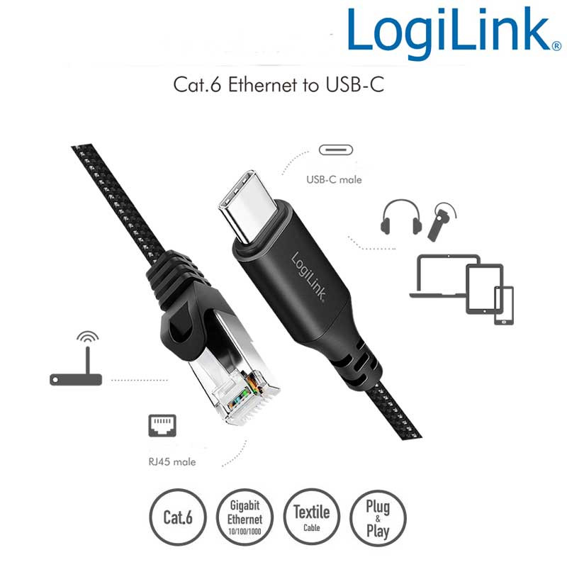 LogiLink CU0415 - 7,5m Cable Ethernet USB 3.2 Tipo C macho a RJ45 macho, 1 Gbps, activo, Negro
