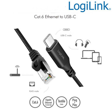 LogiLink CU0411 - 1,5m Cable Ethernet USB 3.2 Tipo C macho a RJ45 macho, 1 Gbps, activo, Negro