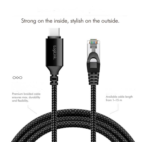 LogiLink CU0411 - 1,5m Cable Ethernet USB 3.2 Tipo C macho a RJ45 macho, 1 Gbps, activo, Negro