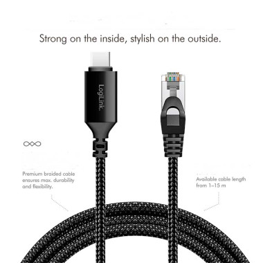 LogiLink CU0410 - 1m Cable Ethernet USB 3.2 Tipo C macho a RJ45 macho, 1 Gbps, activo, Negro