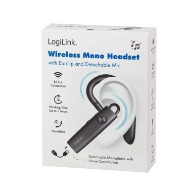 LogiLink BT0078 - Auricular mono inalámbrico con clip para la oreja, BT 5.4, USB-C, Micro, Negro