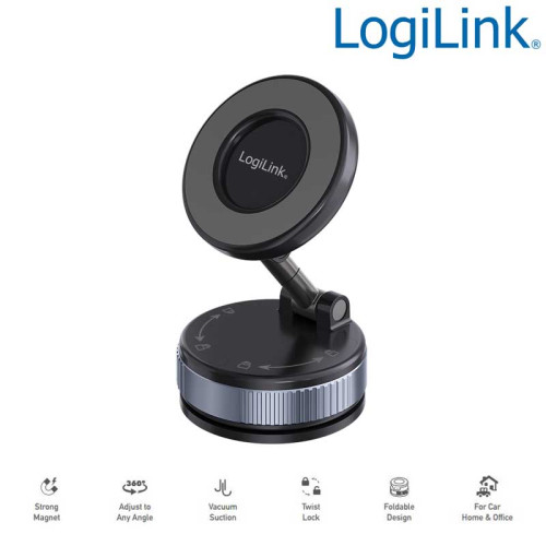 LogiLink AA0198 - Soporte magnético para smartphone, 2 articulaciones 180°, cierre giratorio y ventosa