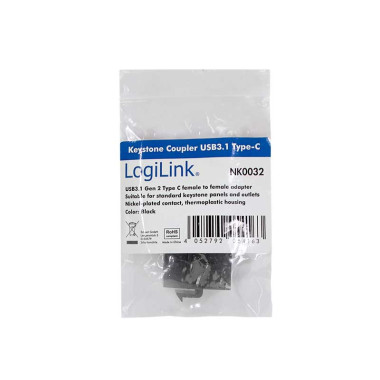 LogiLink NK0032 - Acoplador Keystone en linea USB 3.1 Gen 2. Tipo C Hembra-Hembra, Negro