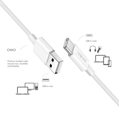 LogiLink CU0322 - 1,5m Cable USB 2.0 Tipo A Macho a USB Tipo C Macho, trenzado de nailon, 60W, Blanco