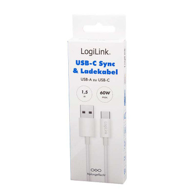 LogiLink CU0322 - 1,5m Cable USB 2.0 Tipo A Macho a USB Tipo C Macho, trenzado de nailon, 60W, Blanco