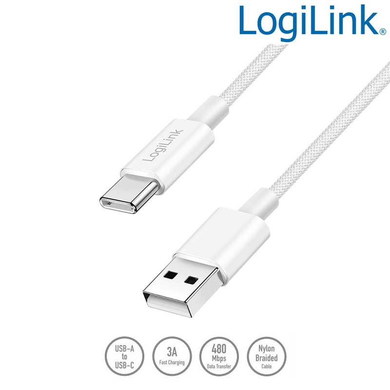 LogiLink CU0321 - 1m Cable USB 2.0 Tipo A Macho a USB Tipo C Macho, trenzado de nailon, 60W, Blanco