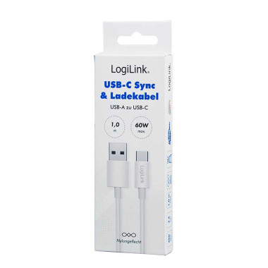 LogiLink CU0321 - 1m Cable USB 2.0 Tipo A Macho a USB Tipo C Macho, trenzado de nailon, 60W, Blanco