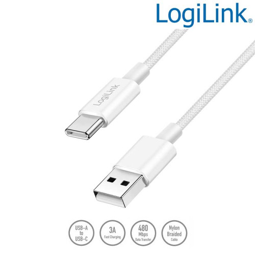 LogiLink CU0320 - 0,5m Cable USB 2.0 Tipo A Macho a USB Tipo C Macho, trenzado de nailon, 60W, Blanco