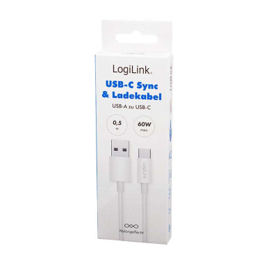 LogiLink CU0320 - 0,5m Cable USB 2.0 Tipo A Macho a USB Tipo C Macho, trenzado de nailon, 60W, Blanco
